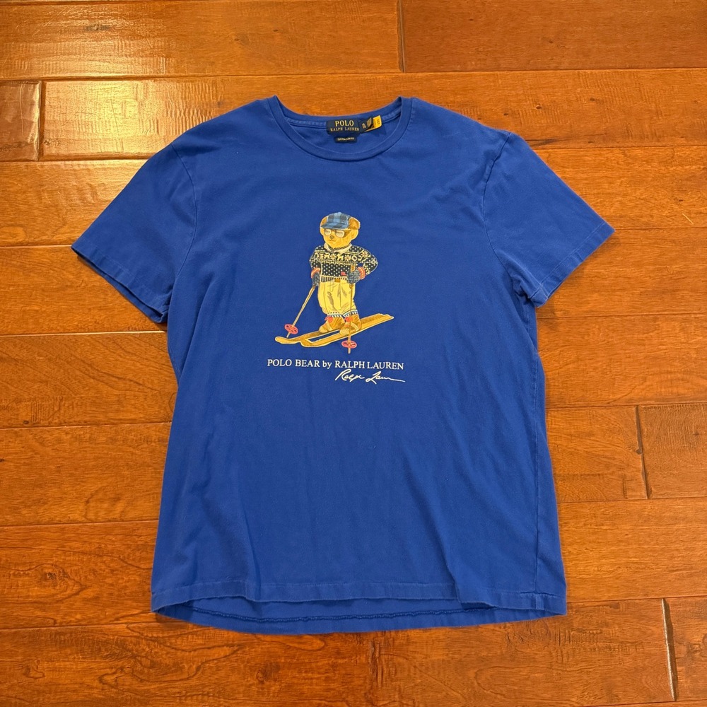 Polo Ralph Lauren T-Shirt Mens XL Blue Polo Bear Skiing Custom Slim Fit Crewneck